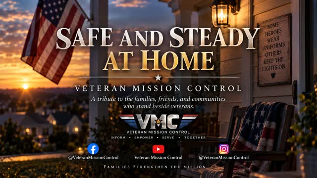 Safe and Steady at Home cover: an American flag and a porch at sunset, honoring families and communities.