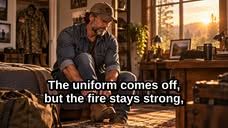 The Mission Goes On official video thumbnail: a veteran seated at home in warm evening light.
